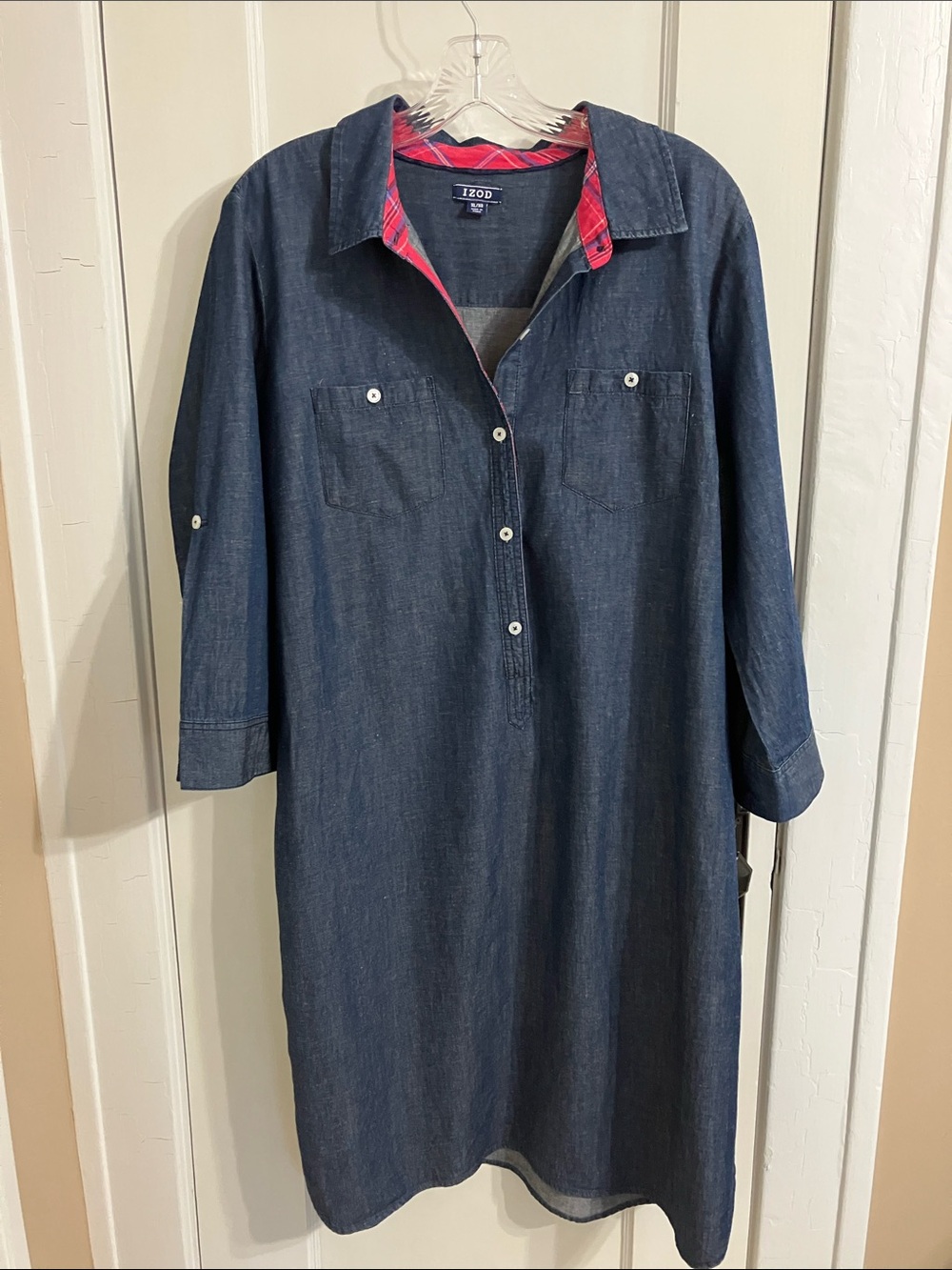 Izod Dark Blue Chambray Shirt Dress with Pink Plaid Trim
